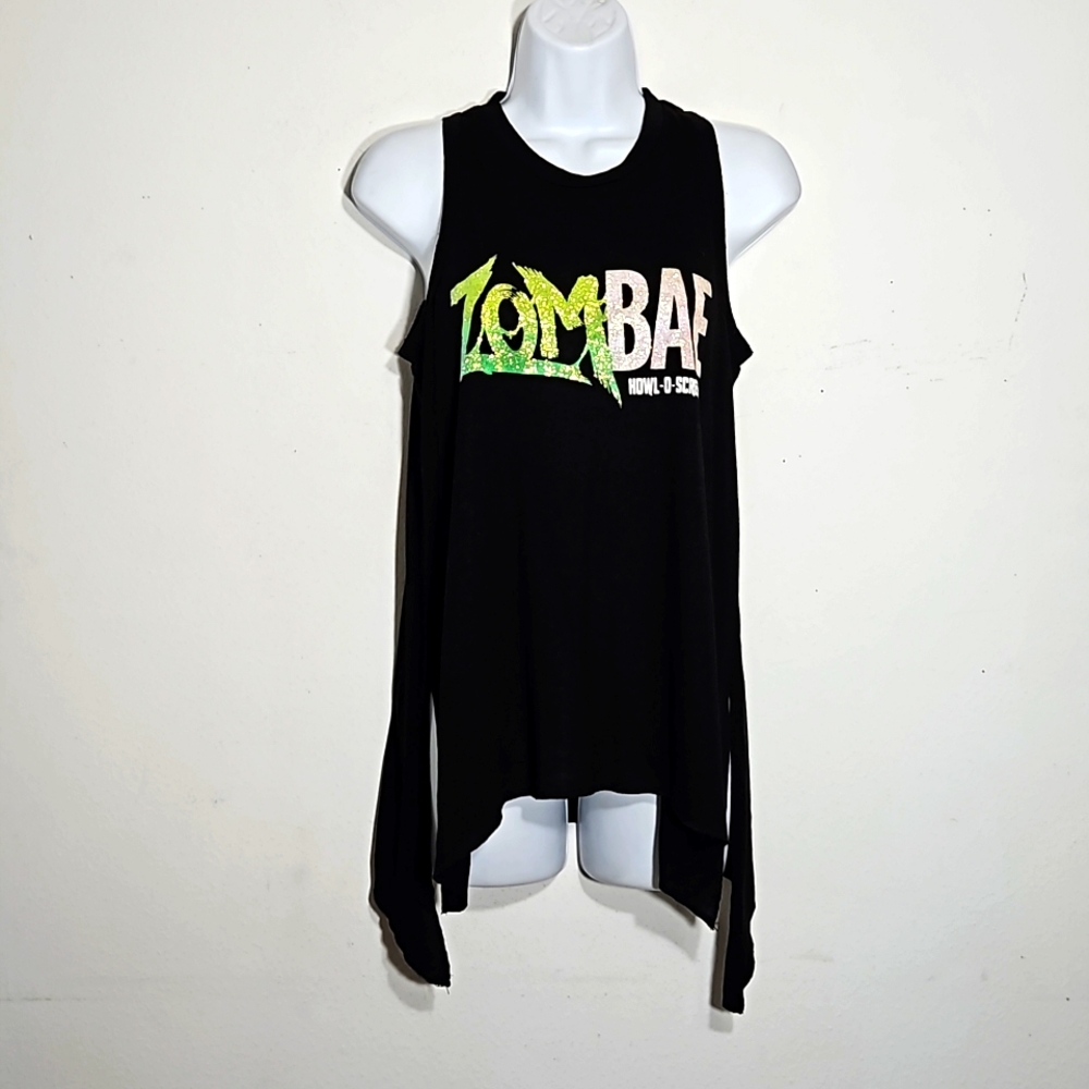 howl-u-scream black flowy glittery green Zombae sleeveless hi-lo tank top L